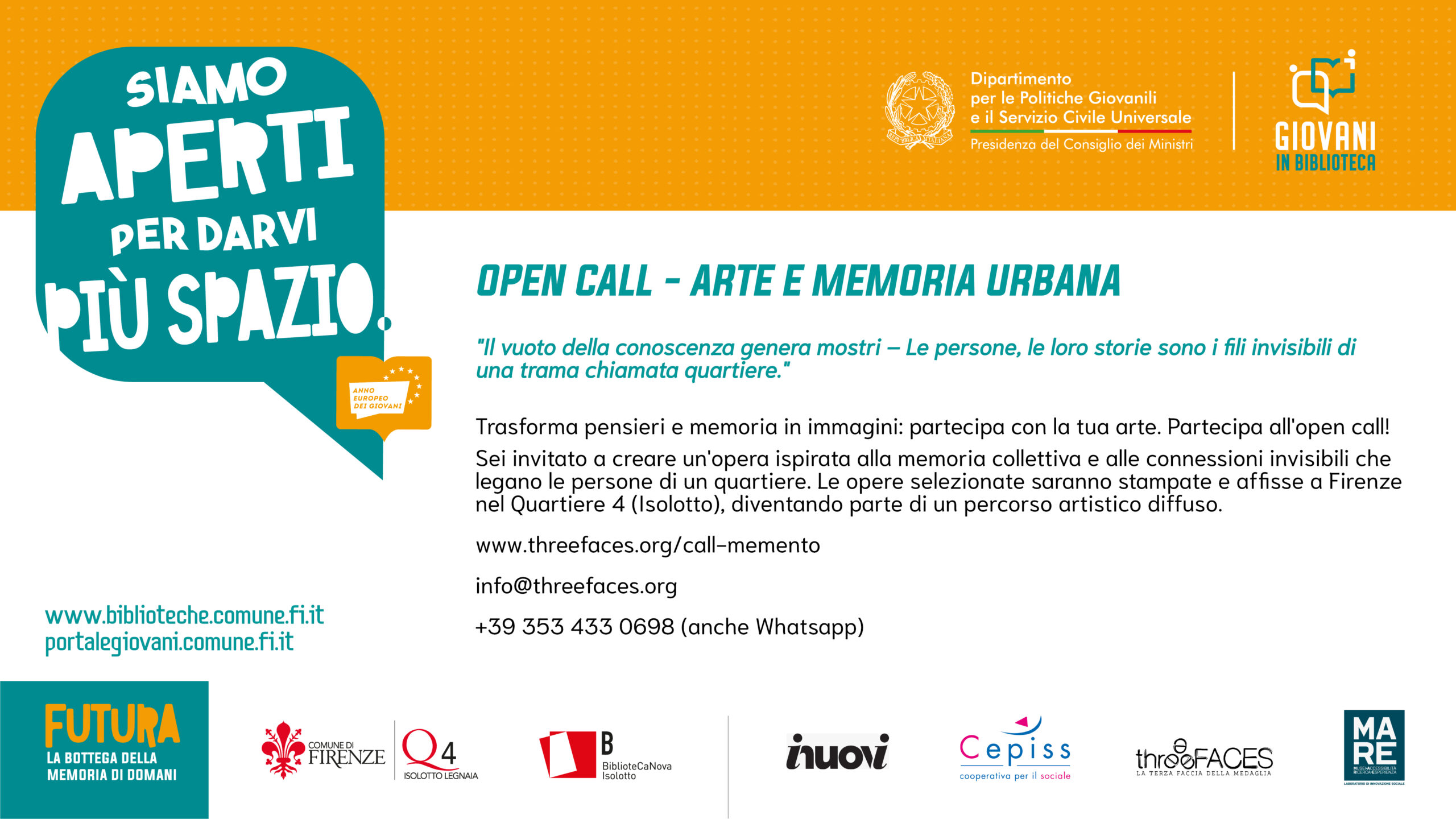 Partecipa all'open call per artisti 18-35 anni! Racconta la memoria collettiva con un'opera visiva per un'esposizione urbana. Scadenza: 18 aprile 2025.